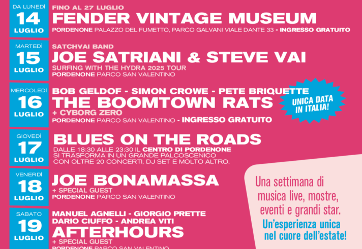 Una panoramica del Pordenone Blues & Co. Festival 2025, con artisti internazionali e concerti dal vivo dal 15 al 19 luglio al Parco San Valentino di Pordenone.