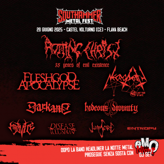 Locandina del Southammer Metal Fest 2025 con dettagli su band, programma e date dell’evento a Castel Volturno.