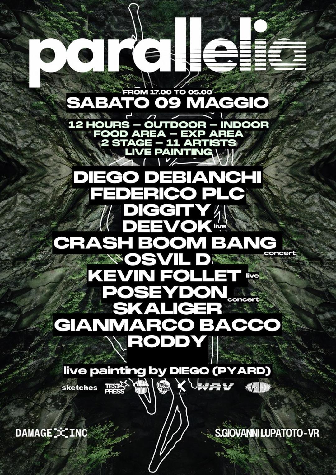 Due stage in alternanza per l'evento di musica elettronica e arti visive PARALLELIA presso Damage Inc a San Giovanni Lupatoto.