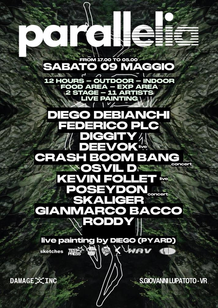 Due stage in alternanza per l'evento di musica elettronica e arti visive PARALLELIA presso Damage Inc a San Giovanni Lupatoto.