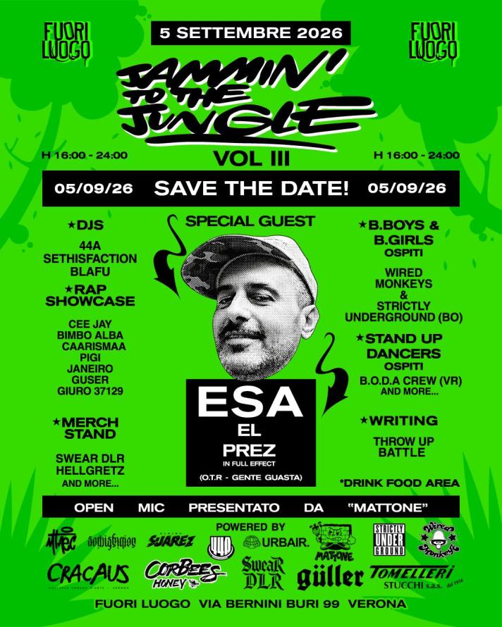 La locandina dell'evento Hip Hop Jammin' to the Jungle a Villa Buri, Verona.